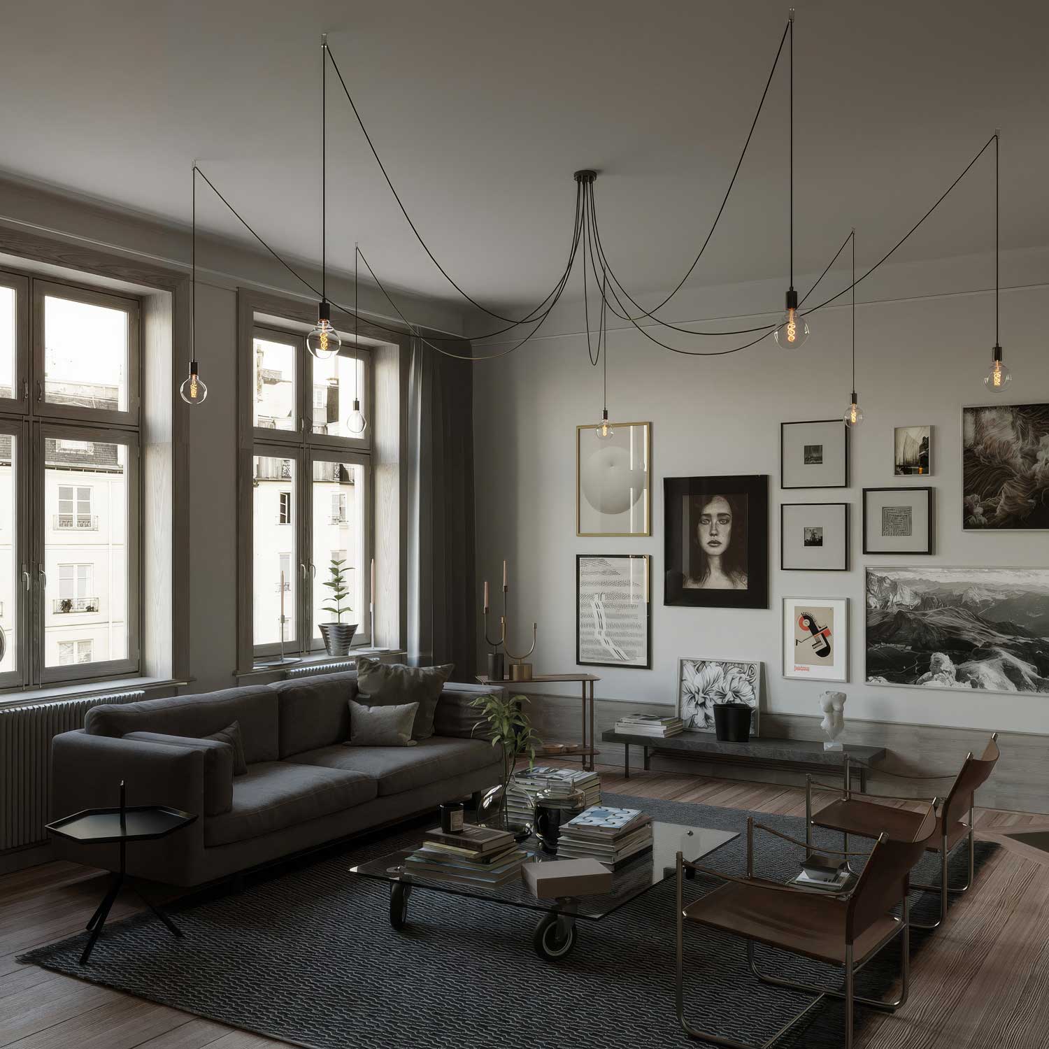 Spider - Lampada a sospensione multipla a 7 cadute con finiture in metallo - Nero perla