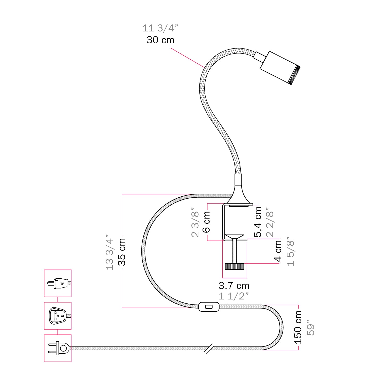 Faretto snodabile MAG-Y con pinza e spina UK - Bronzo satinato