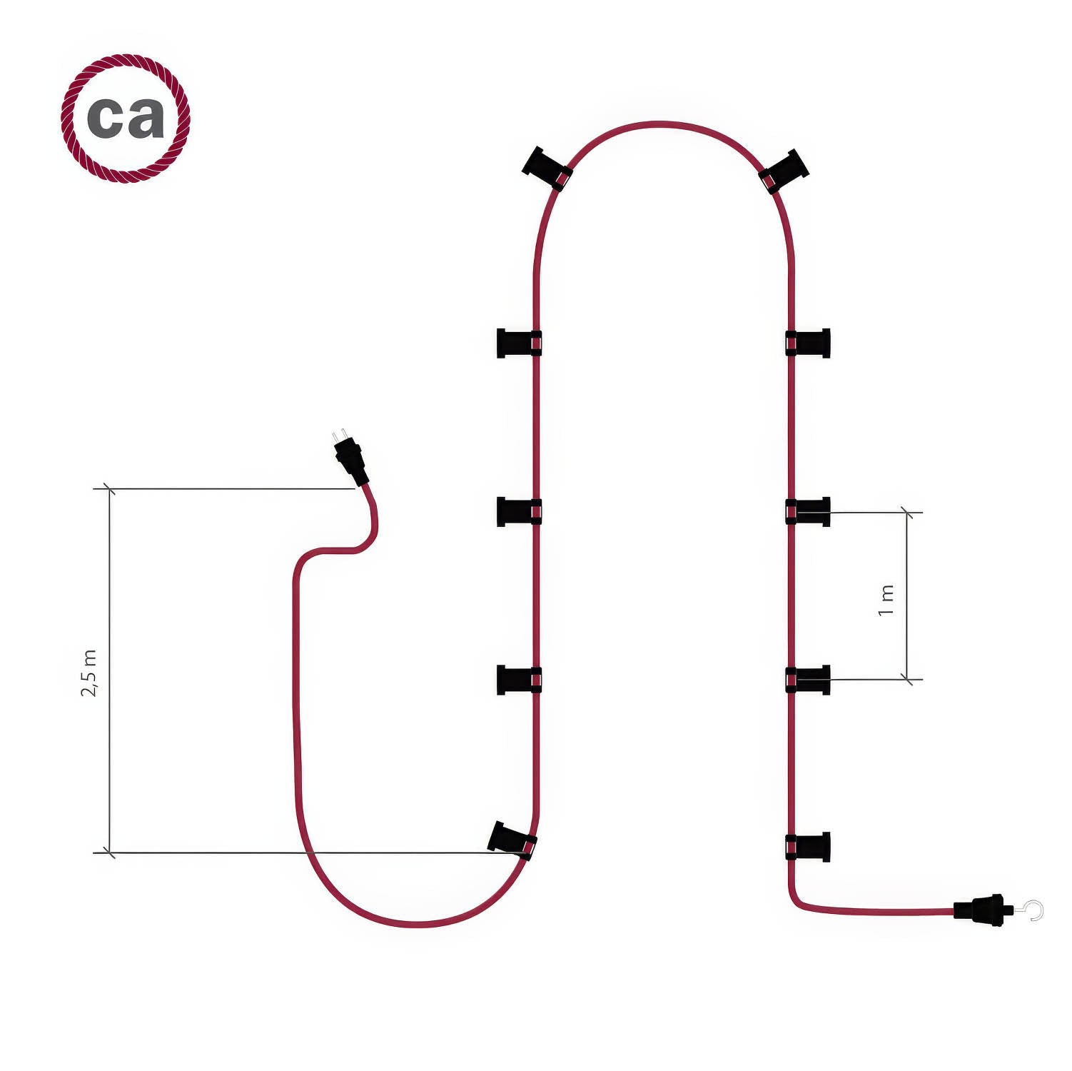 Catenaria Sistema Lumet da 12,5 m con cavo tessile CM10, 10 portalampada, gancio e spina neri