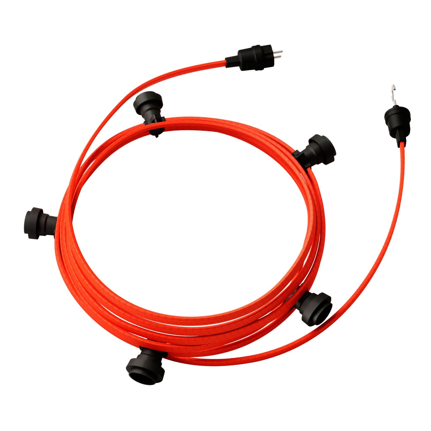 Catenaria Sistema Lumet da 7,5 m con cavo tessile CF15, 5 portalampada, gancio e spina neri