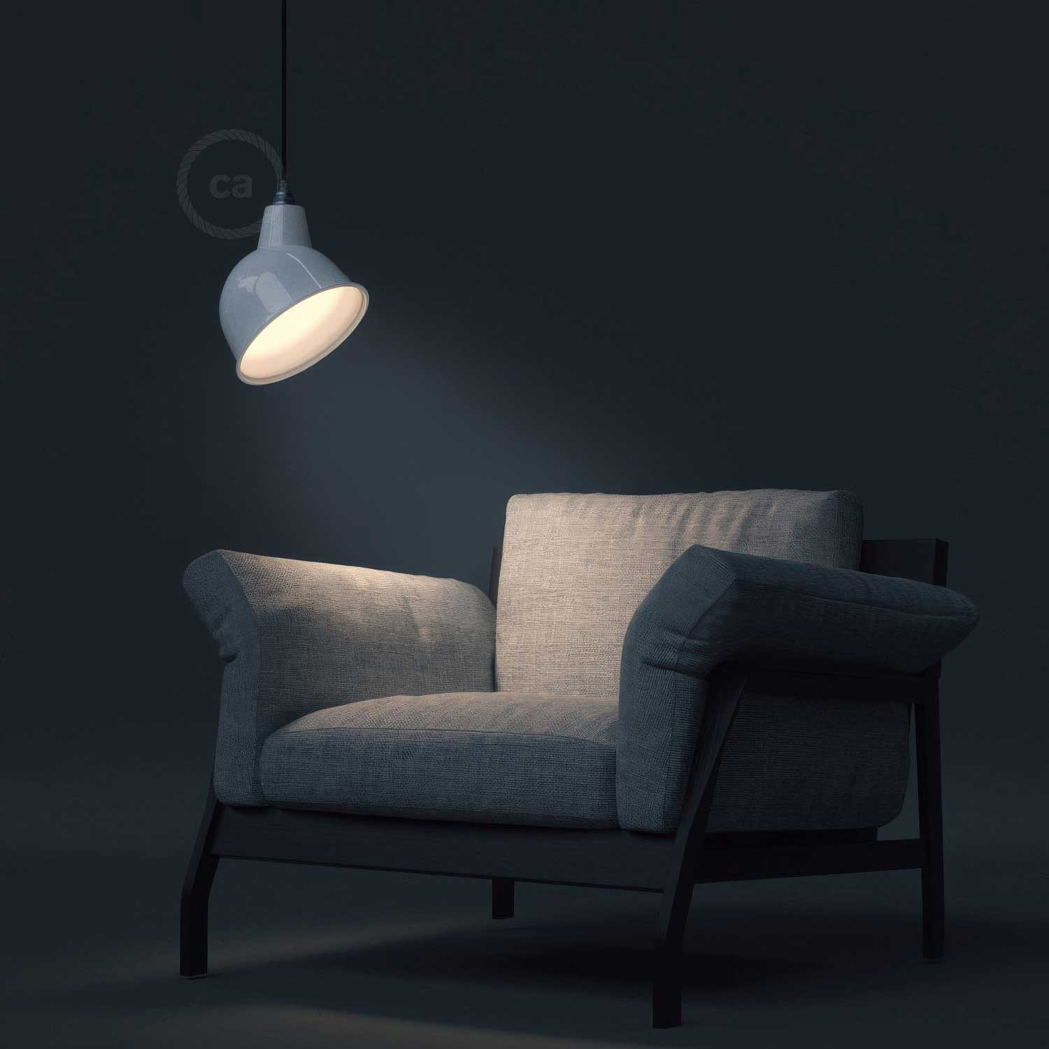 Lampada a sospensione completa di cavo tessile, paralume Broadway e finiture in metallo - Bianco