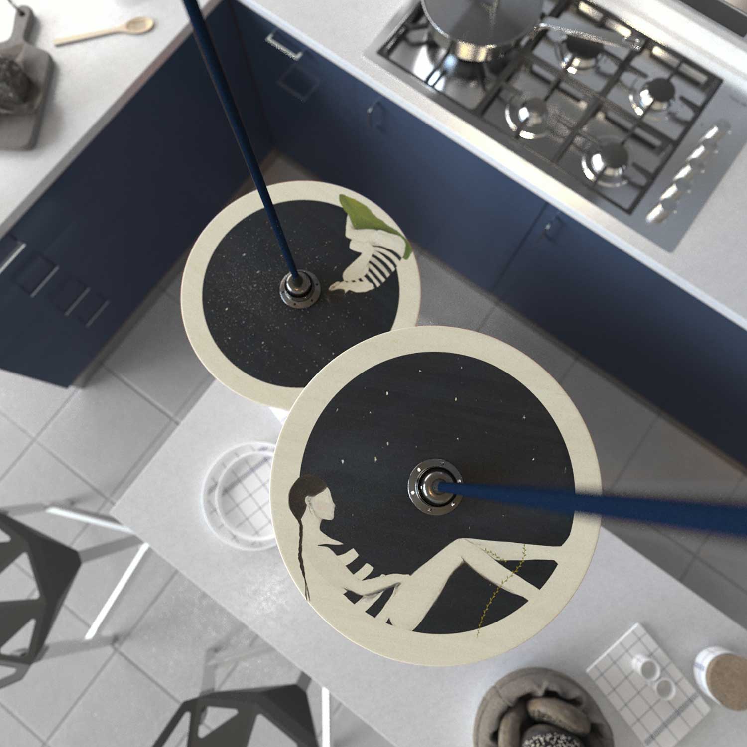 Lampada a sospensione completa di cavo tessile, paralume in legno UFO double-face e finiture in metallo - Chiara Fucà