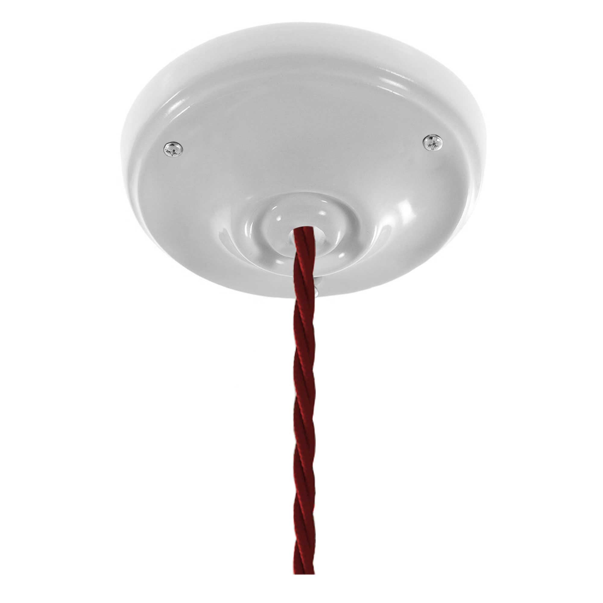 Lampada a sospensione completa di cavo tessile trecciato e finiture in porcellana - Bianco