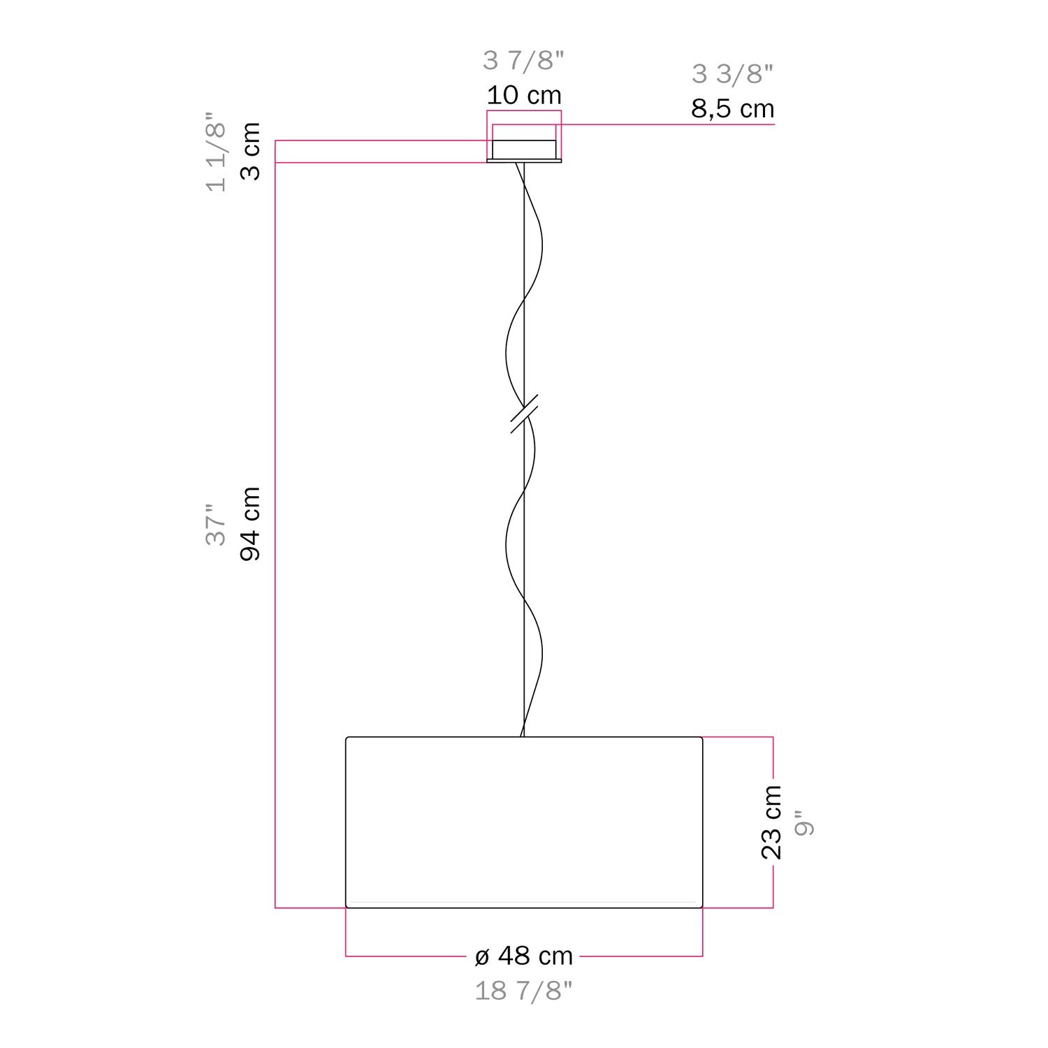 Lampada a sospensione con paralume in tessuto Cilindro Medium Teletta rosso - Made in Italy Si