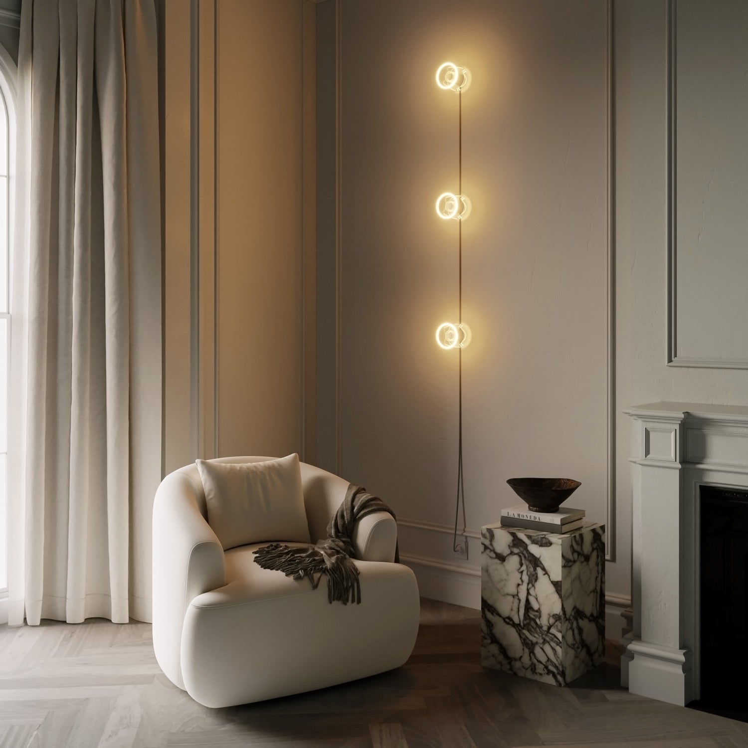 Lampada da parete Spostaluce con spina, 3 lampadine Ghost e cavo grigio melange