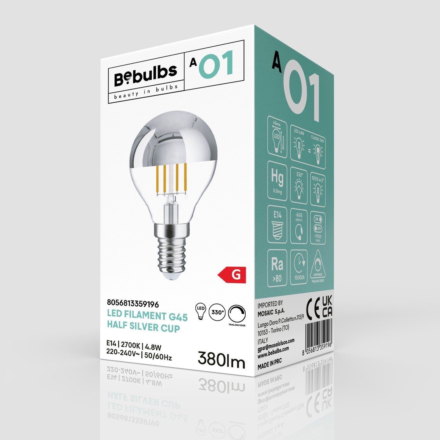 Lampadina LED Mezza Sfera Argento Mini Globo G45 4,8W 380Lm E14 2700K Dimmerabile - A01
