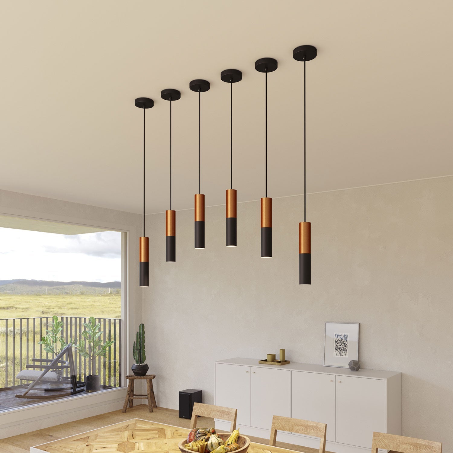 Pendant lamp complete with fabric cable and Tub-E12 double lampshade - Black and Brushed copper