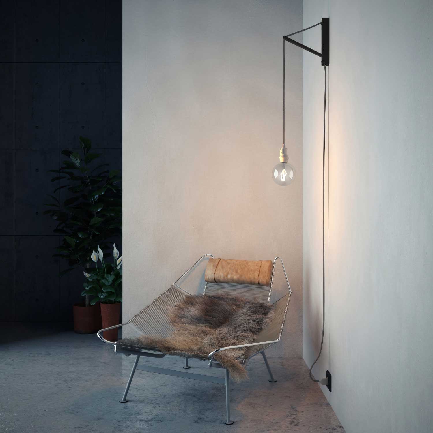 Pinocchio, supporto a muro regolabile in legno per lampade a sospensione - Nero - Creative Cables