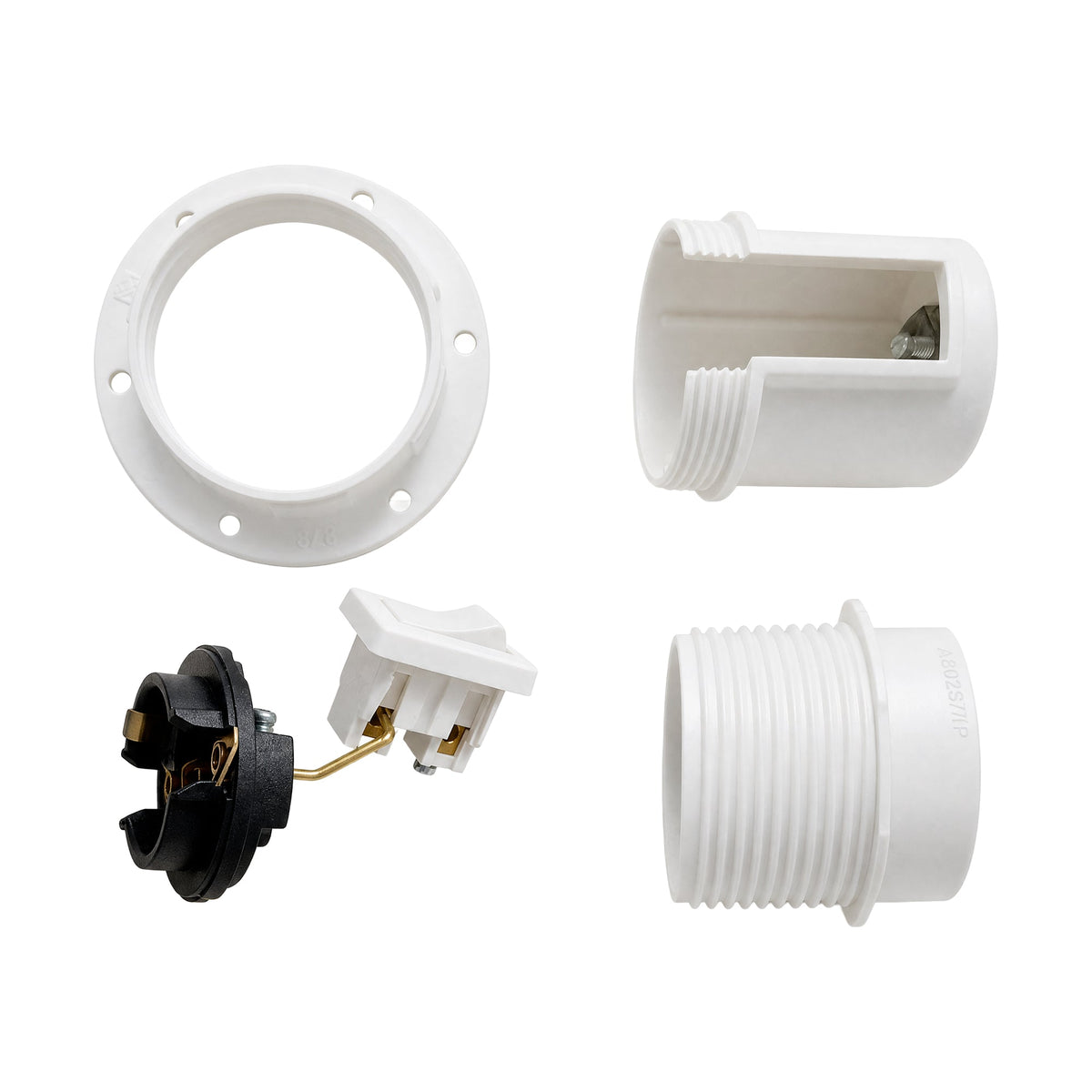 Portalampada E27 in termoplastica con camicia semifilettata, interruttore a bascula e ghiera - Bianco