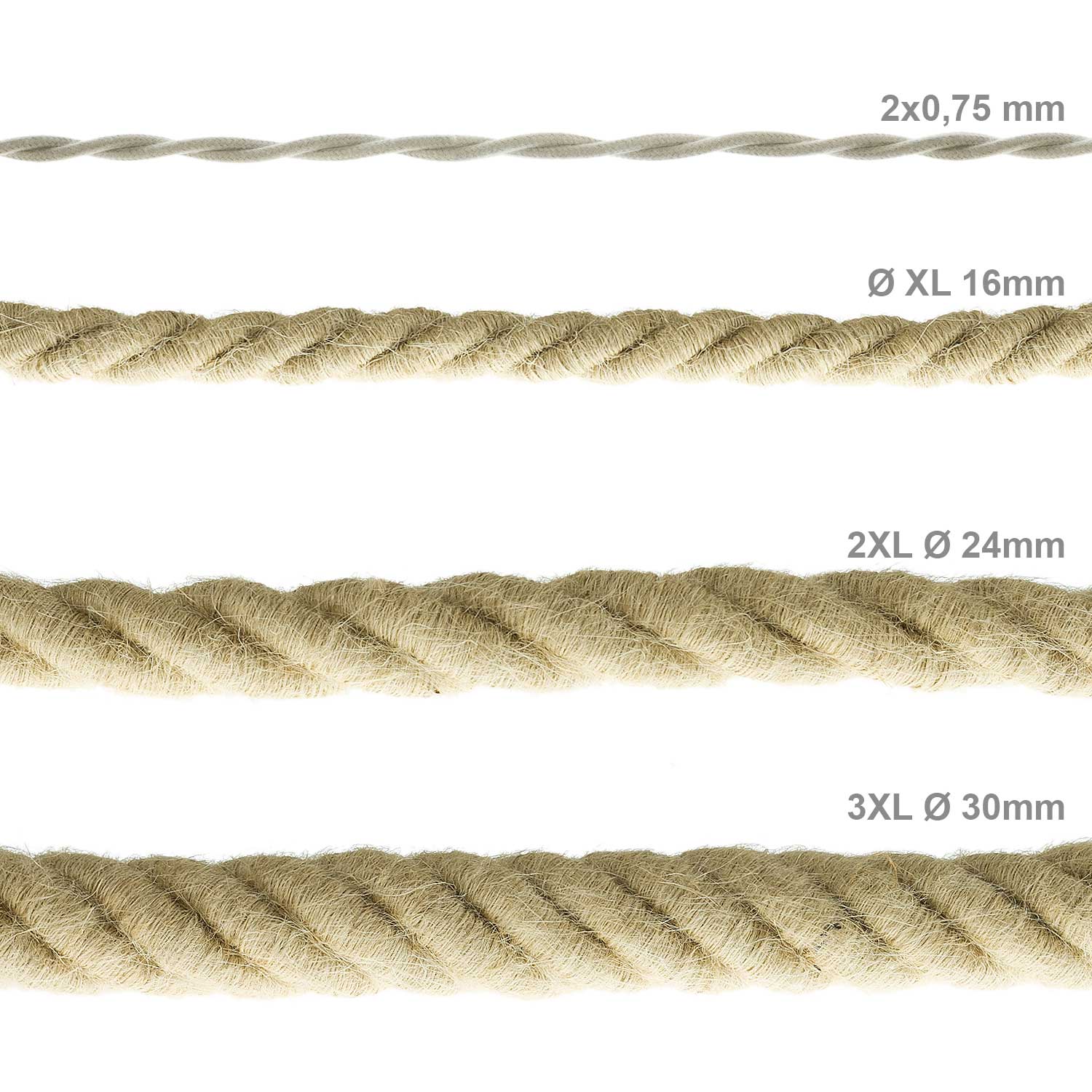 Rope electrical wire 18/3 AWG wire inside. Rough Jute Fabric