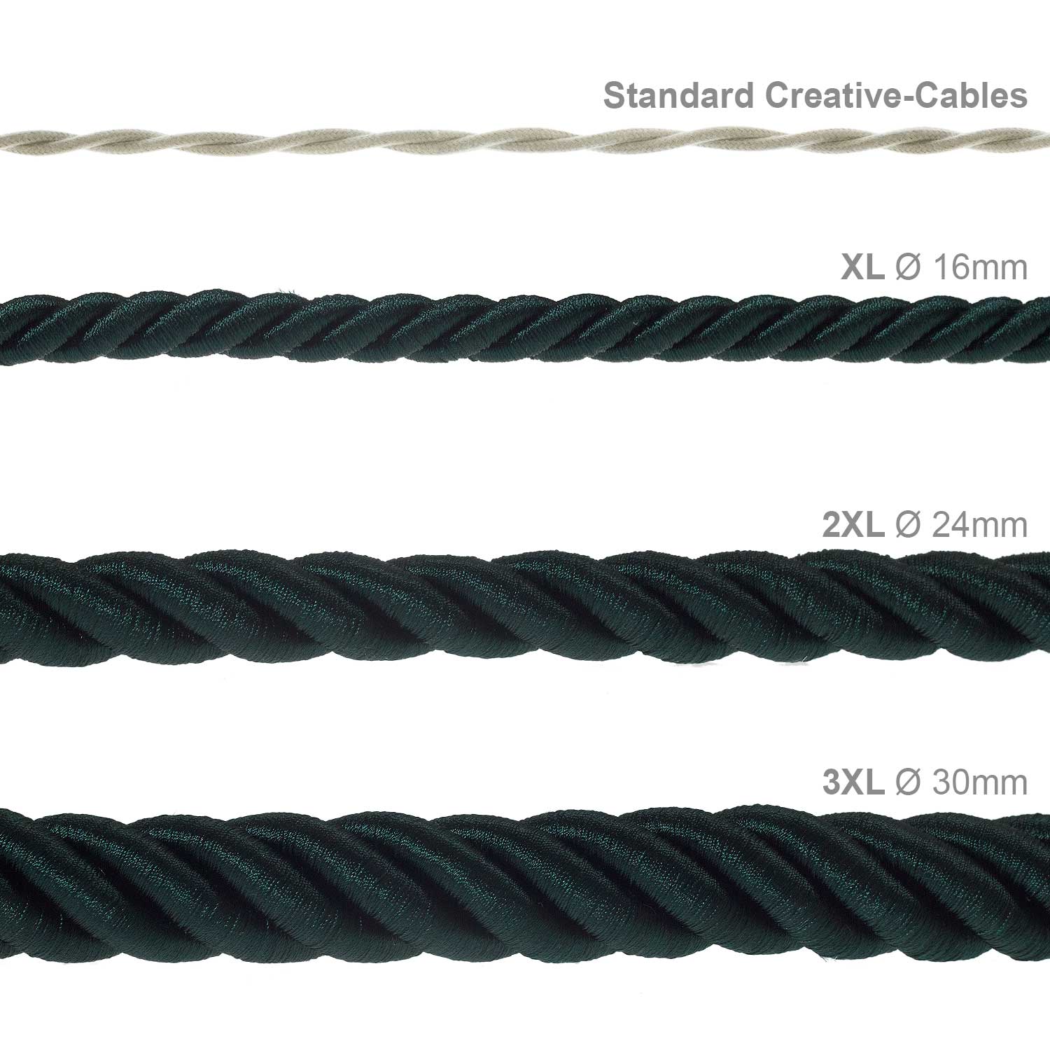 Rope electrical wire 18/3 AWG wire inside. Shiny Dark Green Fabric