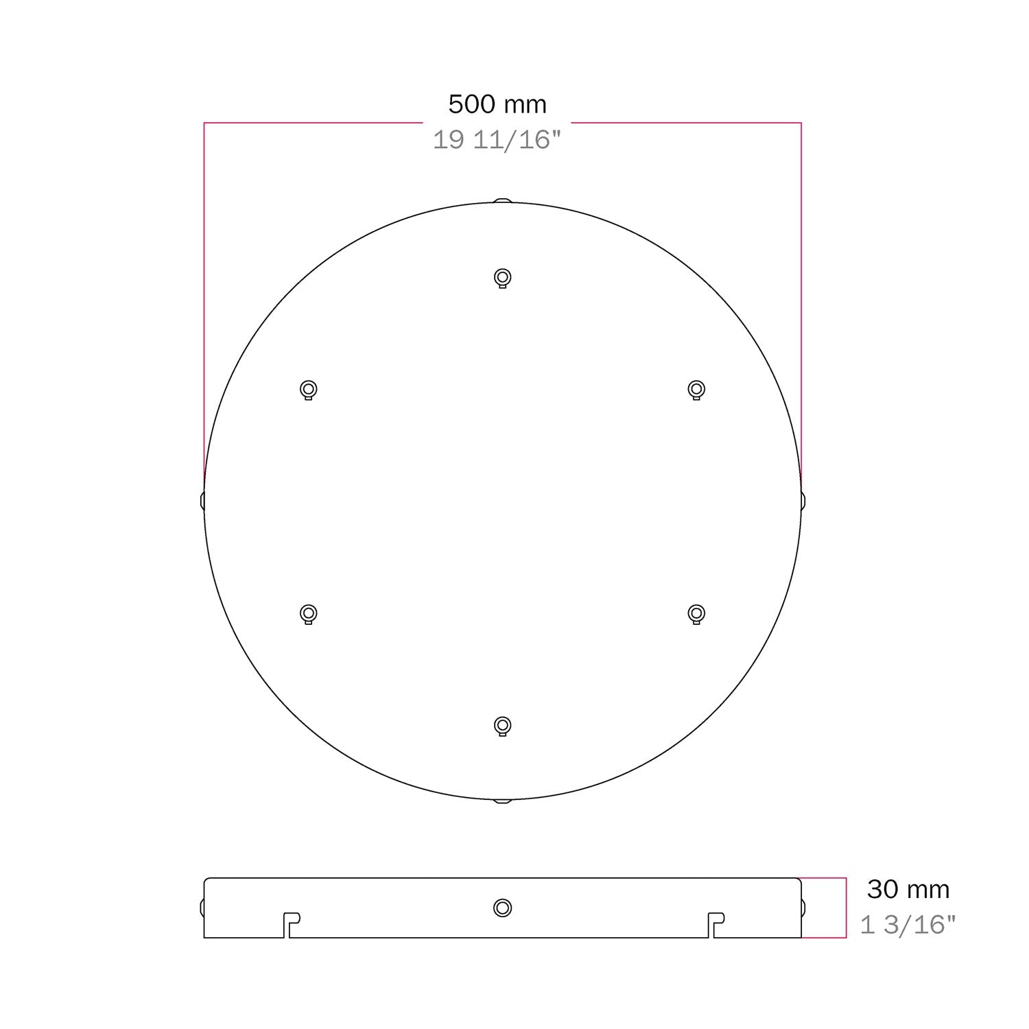 Rosone rotondo in alluminio Ø 50 cm con staffa e cavo di messa a terra, con 6 fori frontali - Bianco Opaco 4